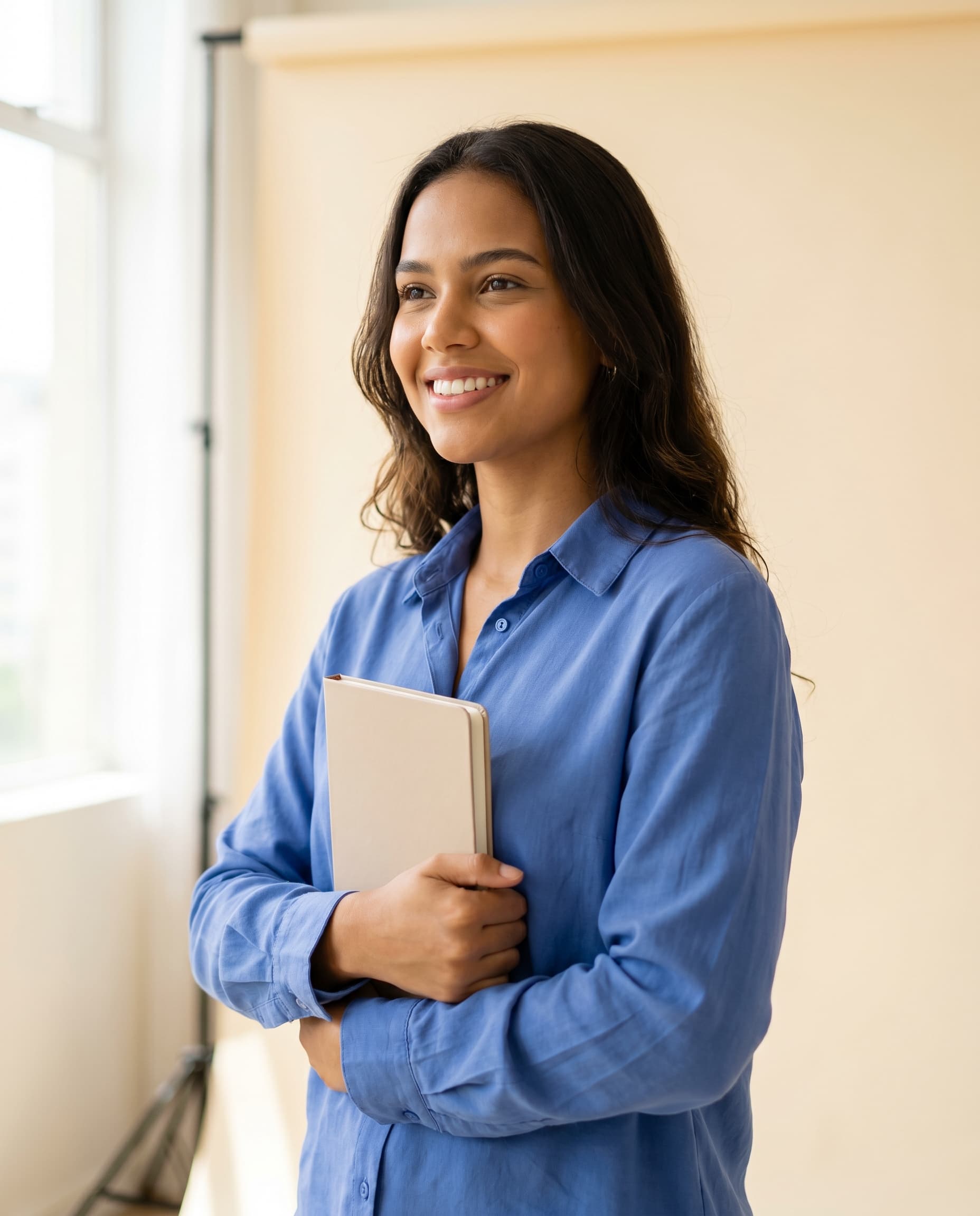 Jovem candidata sorrindo, pronta para o primeiro emprego