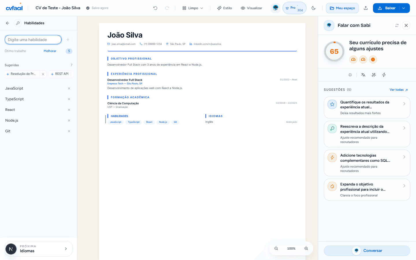 Habilidade Git adicionada à lista de habilidades após clicar no chip sugerido