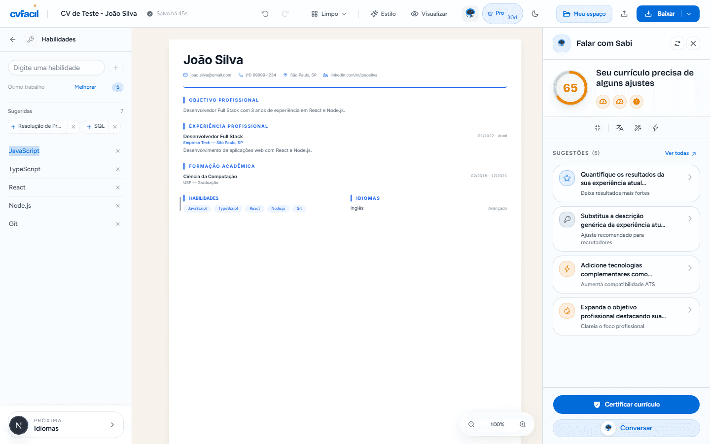 Painel expandido com sugestões de IA e botão Melhorar da assistente Sabi