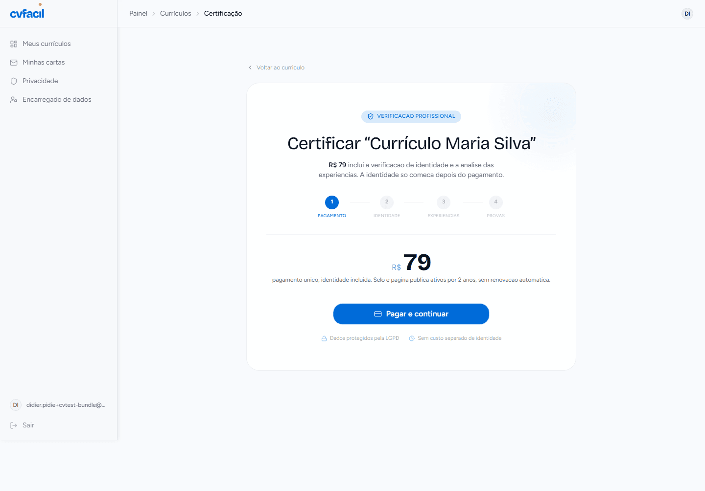 Página de certificação do currículo no cvfacil mostrando o valor de R$ 79, as quatro etapas do processo (Pagamento, Identidade, Experiências, Provas) e o botão Pagar e continuar