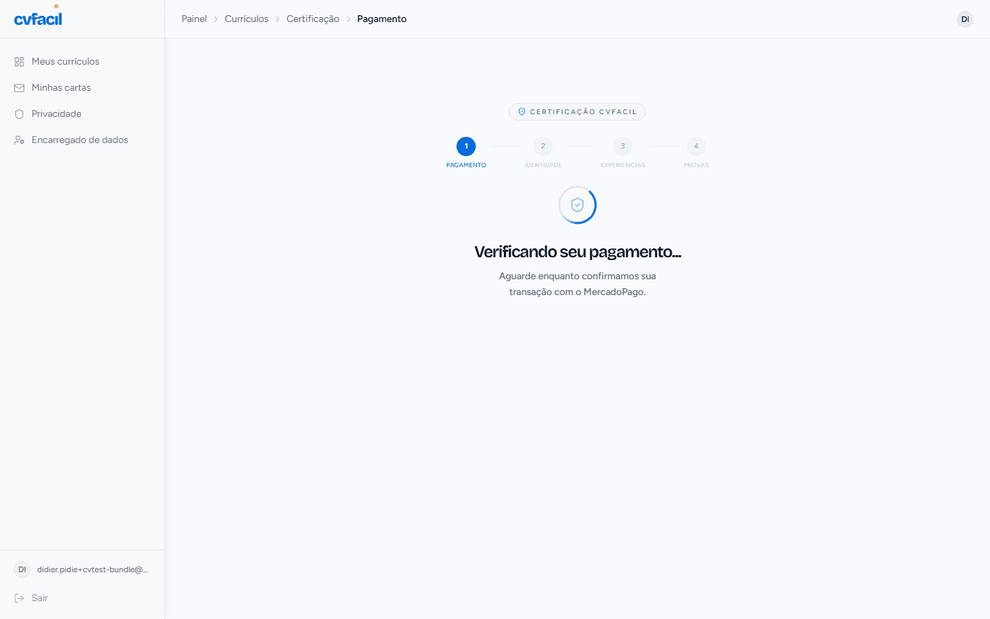 Tela de retorno após o pagamento no Mercado Pago mostrando a mensagem Verificando seu pagamento com o ícone de escudo e barra de progresso das etapas