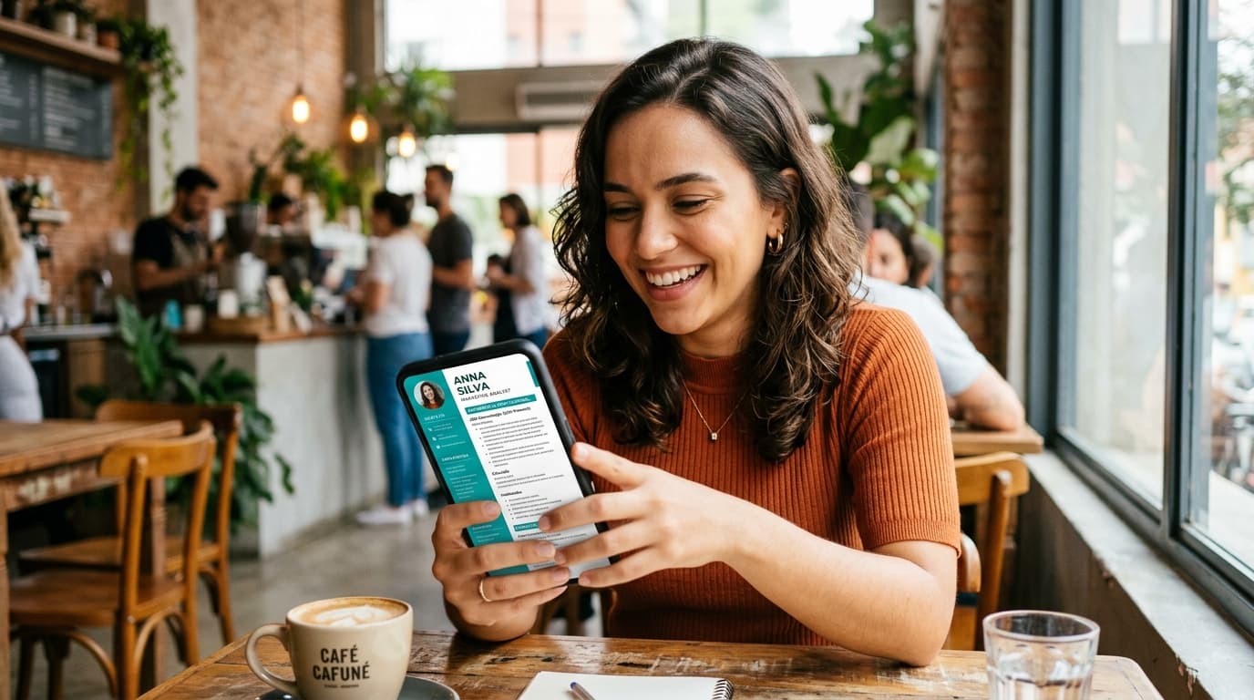 Candidata revisando seu currículo profissional