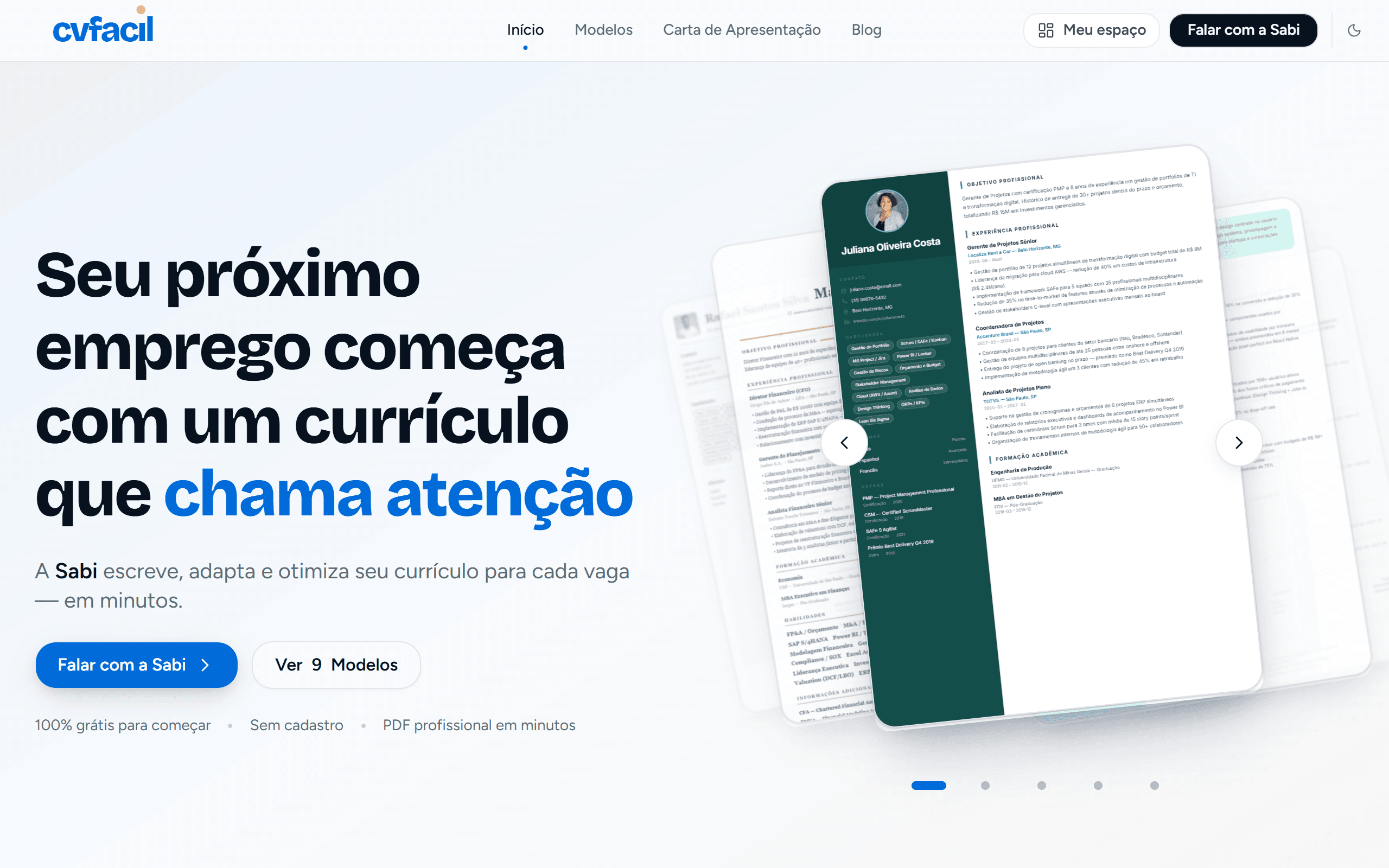 Página inicial da cvfacil mostrando o título "Seu próximo emprego começa com um currículo que chama atenção" e o botão azul "Falar com a Sabi" abaixo.